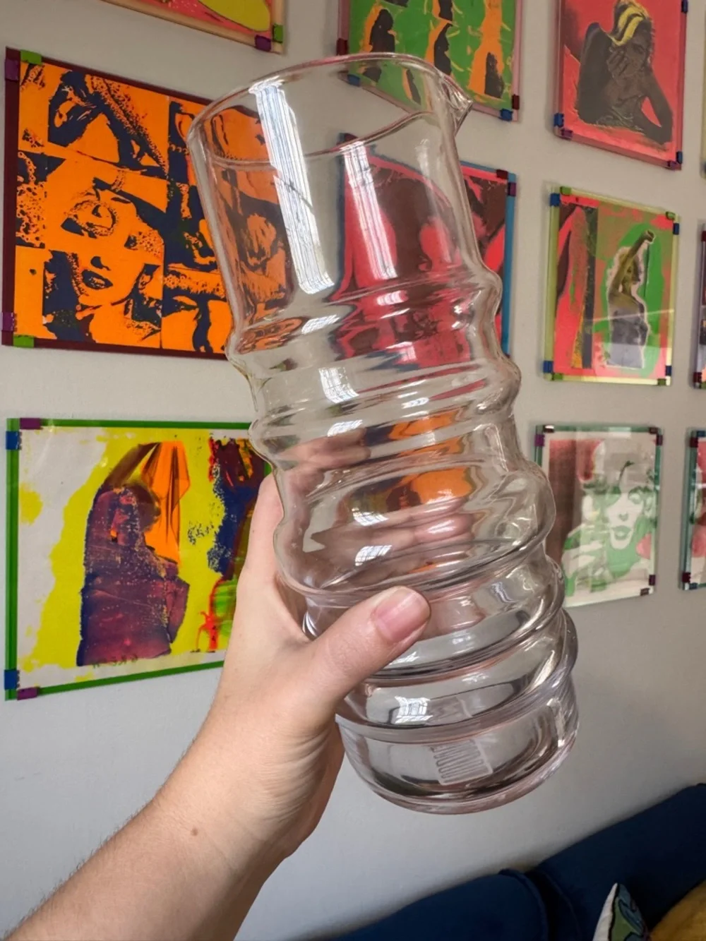 Marimekko Pink and Clear Ribbed Glass Carafe